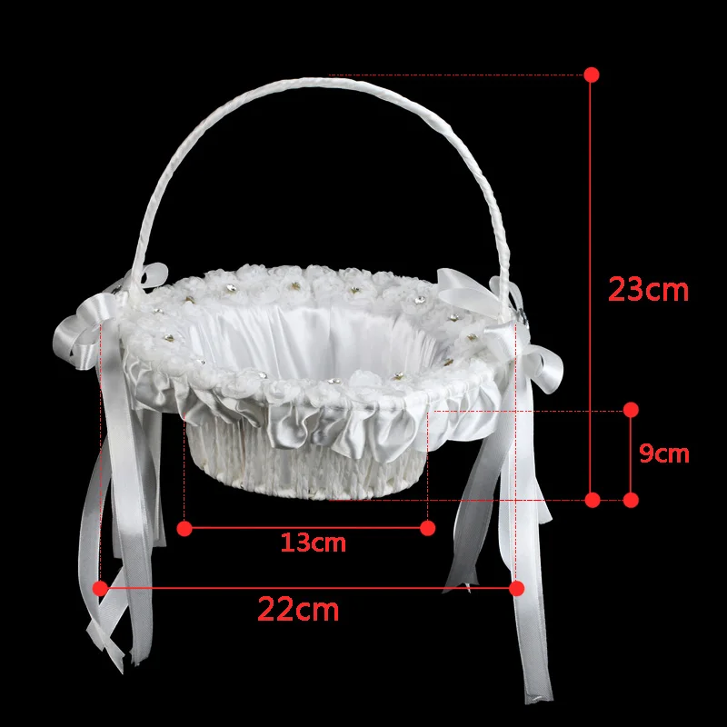 

White Wedding Basket Storage Candy Flower Basket with Lace Satin Ribbon Bow Diamond Mesh Pearls Flowers Party Favors Decorations