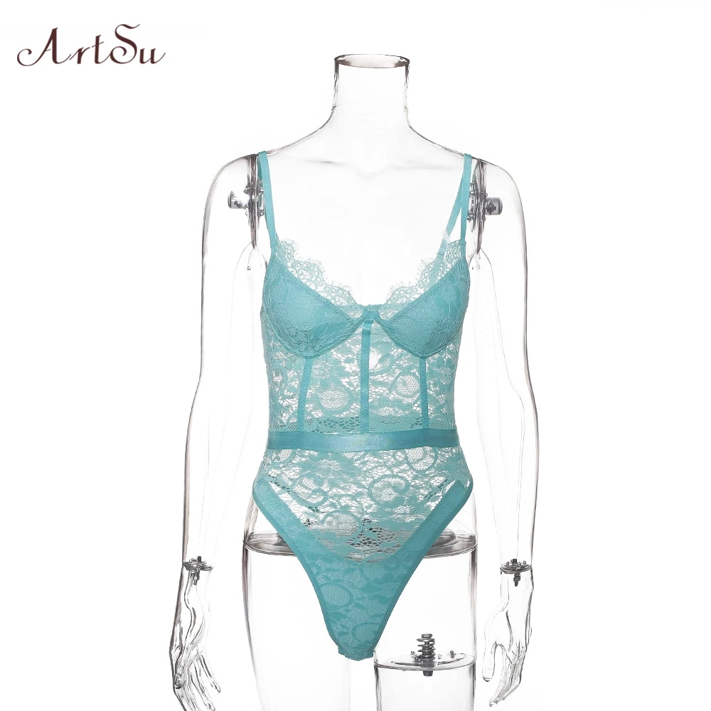 Sky blue ArtSu, 10 цветов, женские Соблазнительные Кружевные Боди, новинка, Цельный боди, Облегающий комбинезон, прозрачный комбинезон, Mujer ASJU60104 - Color: Sky blue