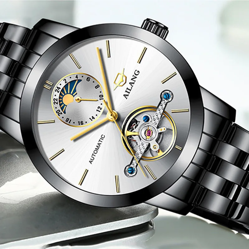 

Original Brand Men Mechanical Tourbillon Watches Self-winding Moon Phase Wrist watch Waterproof Real Leather Strap Watch 316L