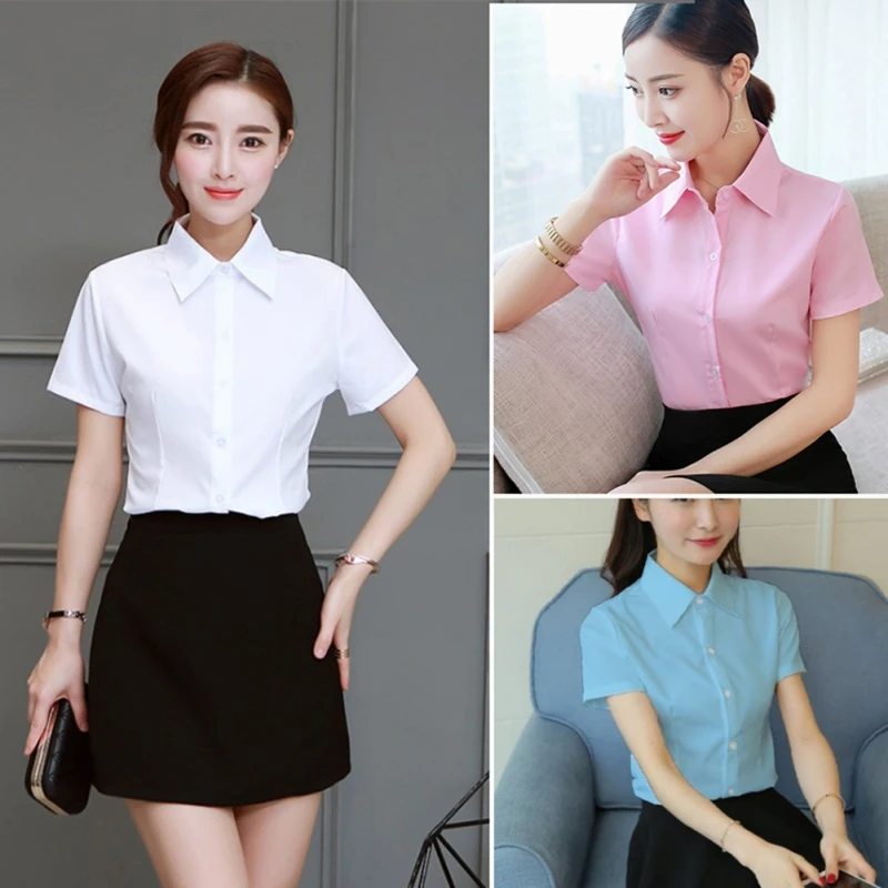 Women Summer OL Temperament Solid Color Loose Slim Lapel Vintage Short-sleeved Casual Bottoming Blouse | Женская одежда