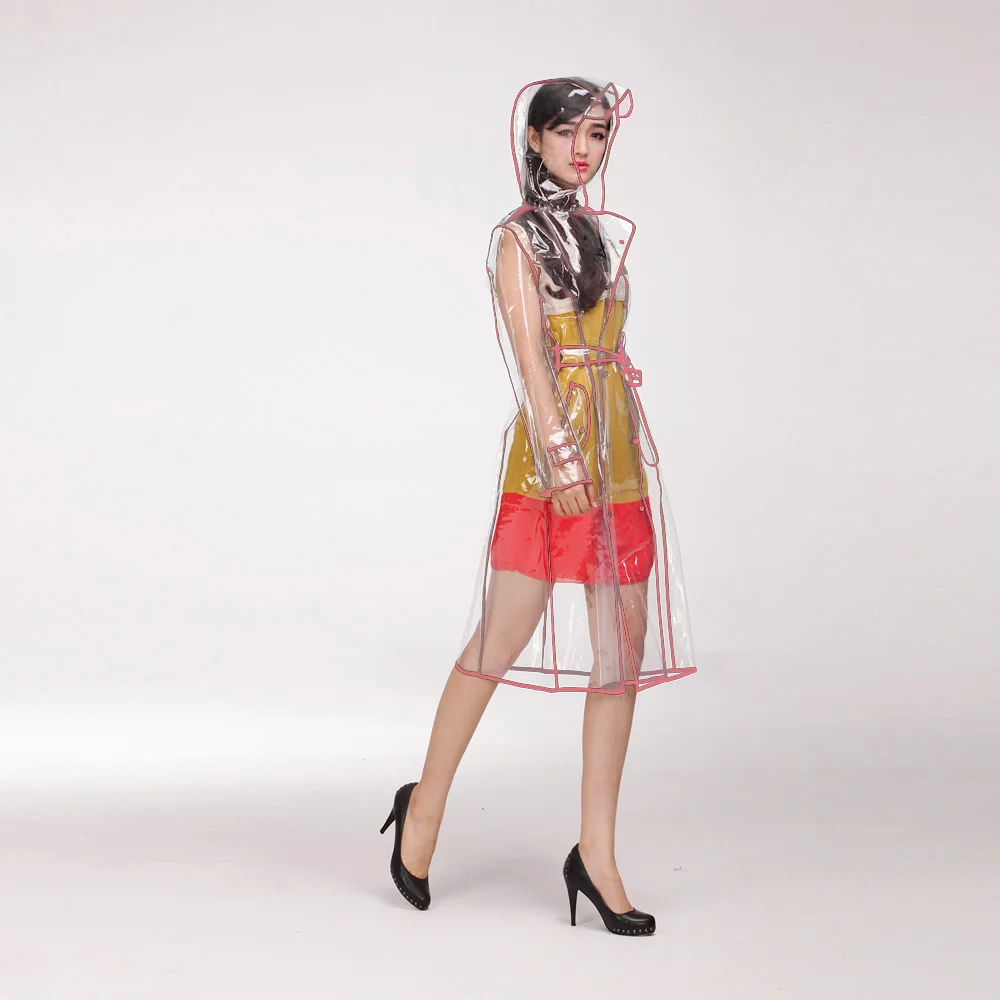 Женская мода Длинный рукав плащ прозрачный ПВХ открытый с капюшоном