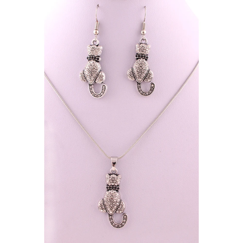 5 комплектов ожерелье и серьги с подвеской в виде кошки со сверкающими