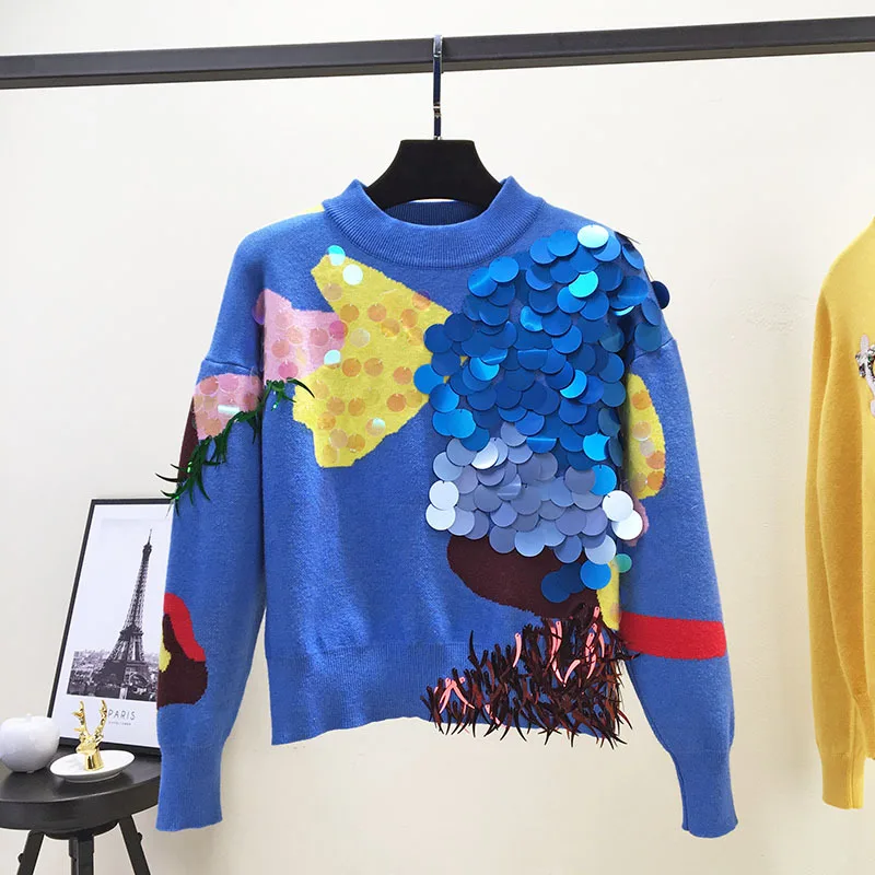 Brand 2022 Spring Women Blue Sweaters Pullover Runway Designer Luxury Sequined Christmas Korean Pull Knit Jumper Clothes | Женская