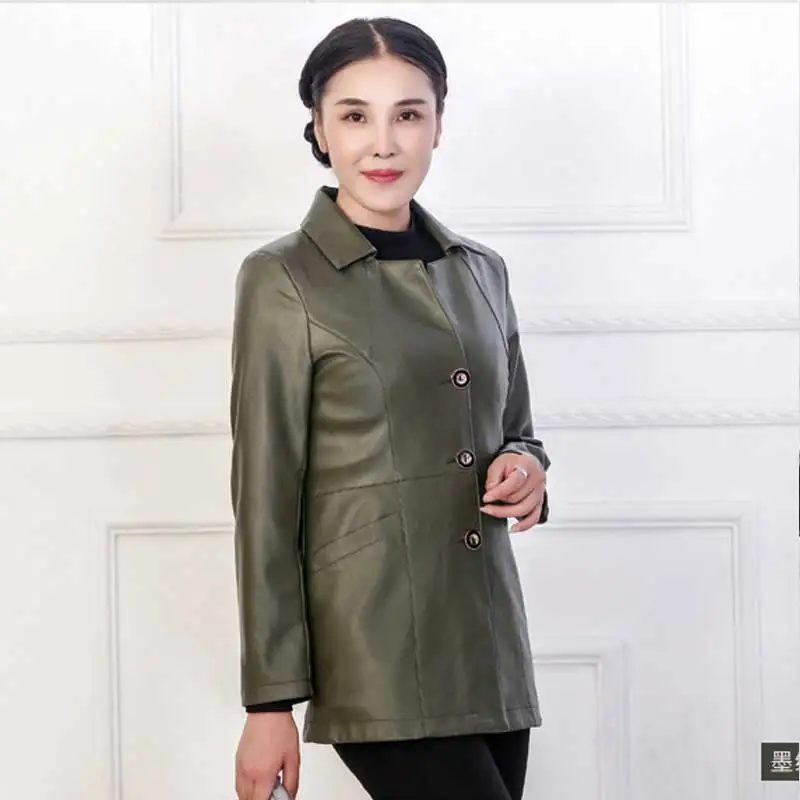 Autumn Women Wear Plus size PU Leather Jacket 2018 New Fashion Lapel Black Windbreaker Long Leather Jacket Mother Masks Parka