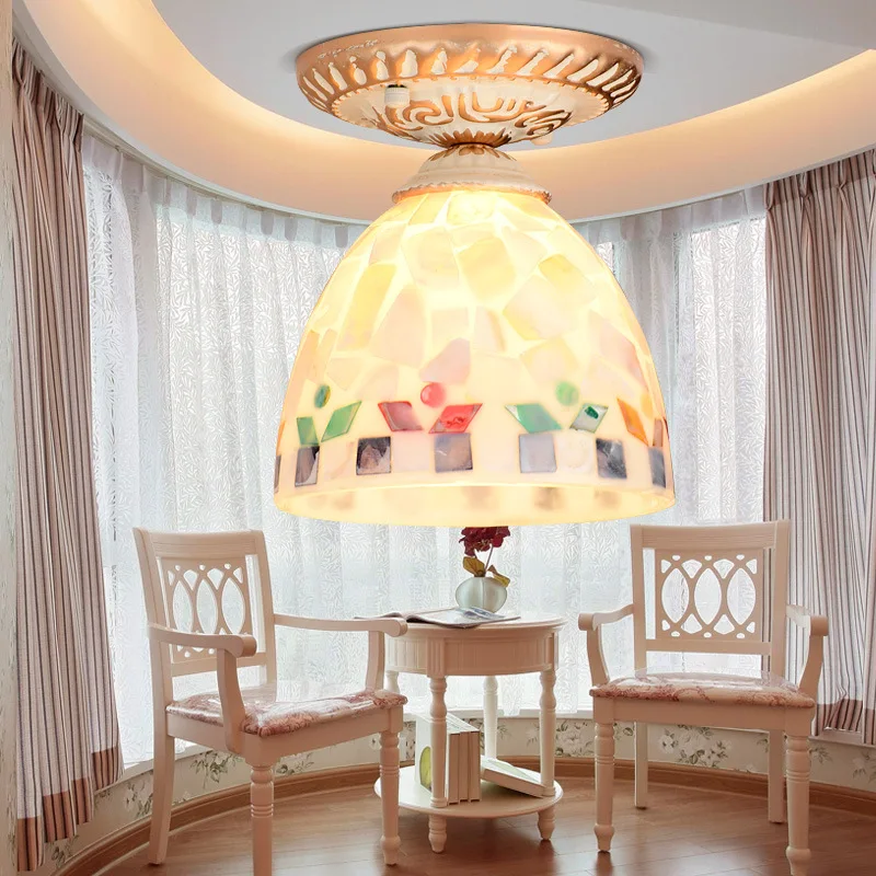 Tiffany Style Dia. 20cm Round Stained Glass Iron LED E27 Ceiling Lights Mediterranean Lamp for Bedroom Aisle Balcony Corridor