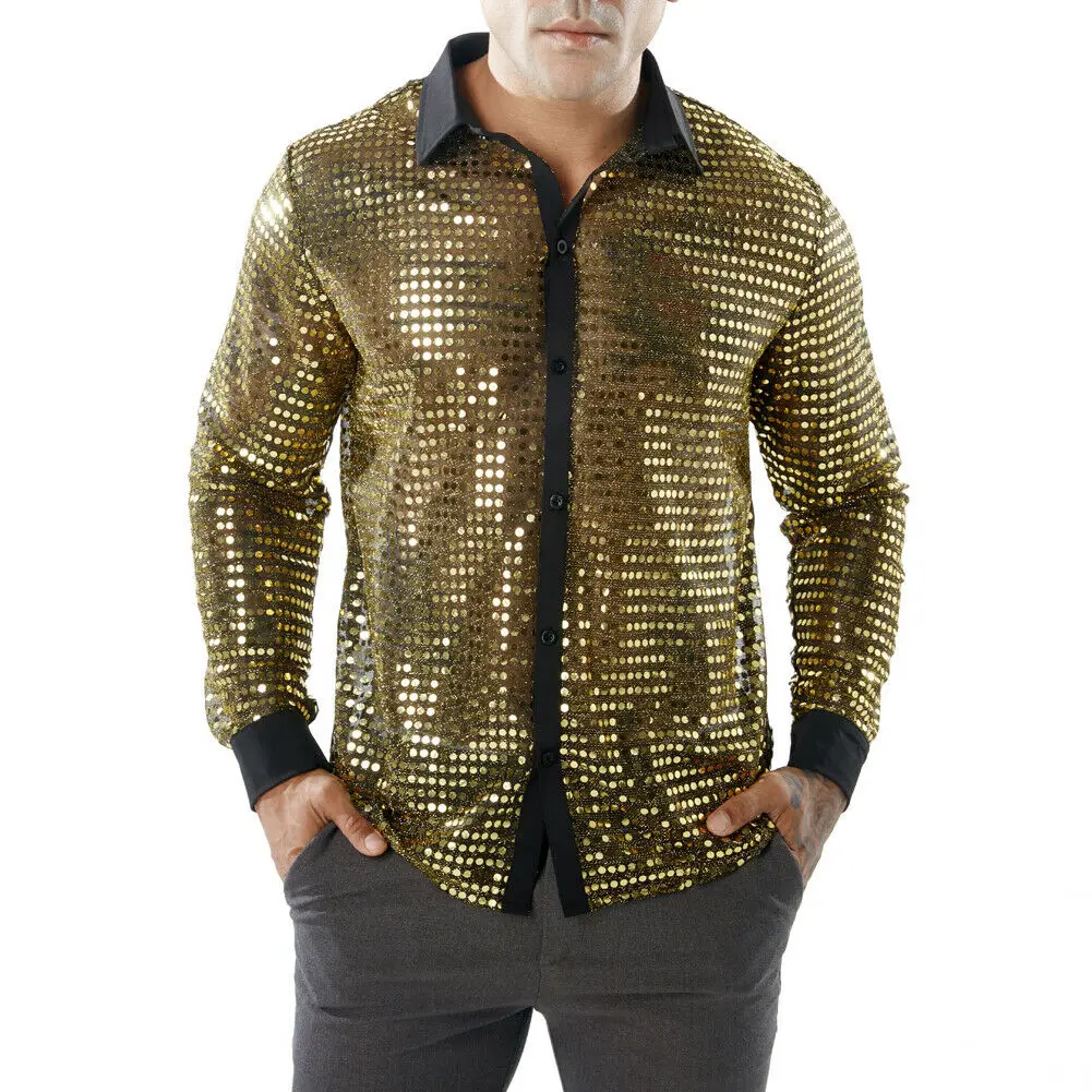 Hirigin 2019 Men Long Sleeve Shirt Dot Scales Nightclub Lapel Casual Blouse Fitness | Мужская одежда