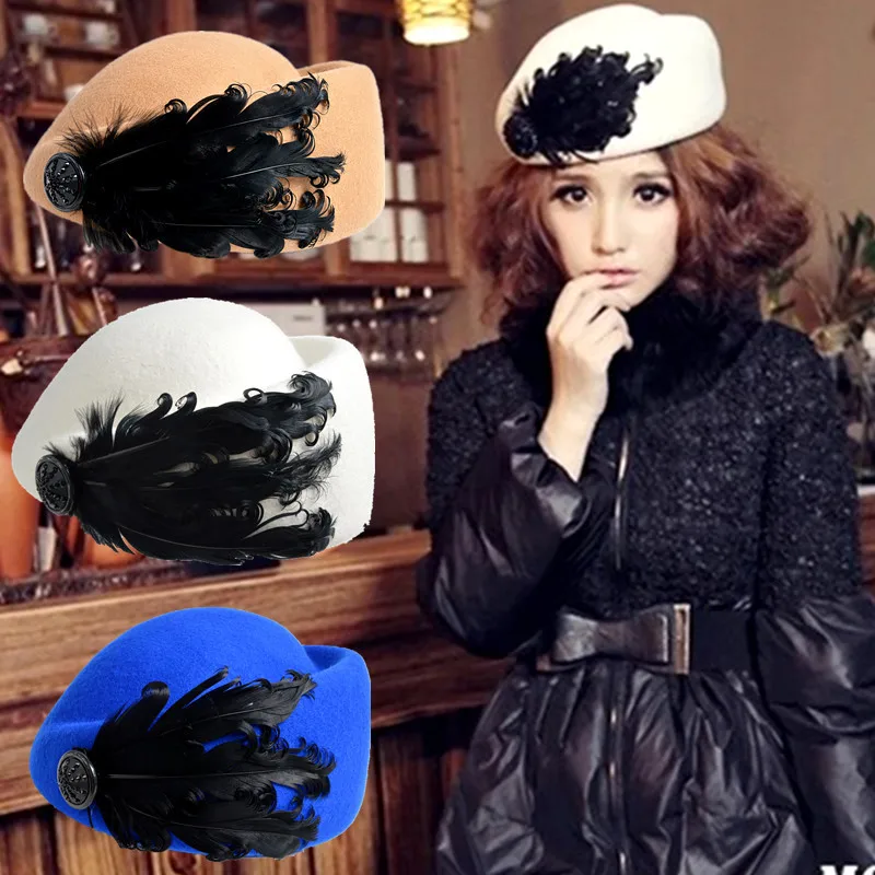 

2020 New Luxury feather stewardess cap fedora hat female fashion solid wool vintage Hats for Women British style of Beret