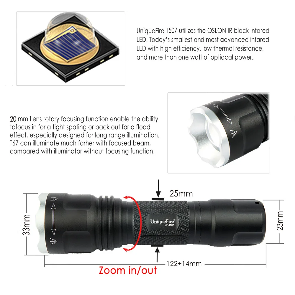 UniqueFire 1507 4715AS IR 850nm светодиодный фонарик инфракрасный свет 20 мм выпуклая линза