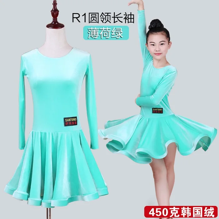 Round neck Платье для латинских танцев для девочек, бархатное бальное платье с длинными рукавами для детей, румба чача, тренировочная одежда для выступлений, DN2690 - Цвет: Round neck