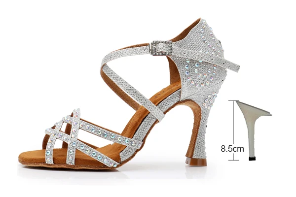silver heel 85mm DILEECHI/Женская обувь для латинских танцев; стразы; блестящая обувь для сальсы; Бальные сандалии; обувь для танцев; обувь для вечеринок; Каблук-клеш 9 см; цвет золотистый, серебристый - Цвет: silver heel 85mm