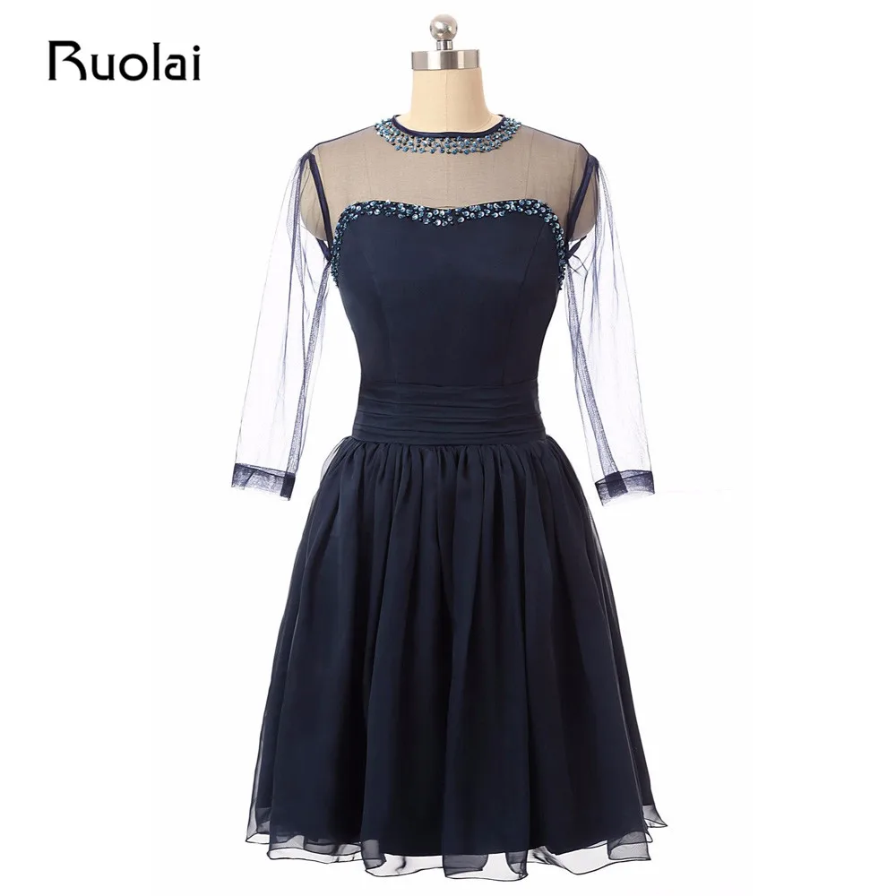 

Настоящее Изображение Совок рукав три четверти декольте бисером шифоновое короткое платье для выпускного вечера Вечернее платье Формальн...