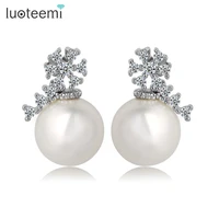 luoteemi elegant round imitation pearl stud earring for women dazzling cz women engagement wedding graceful accessories fashion