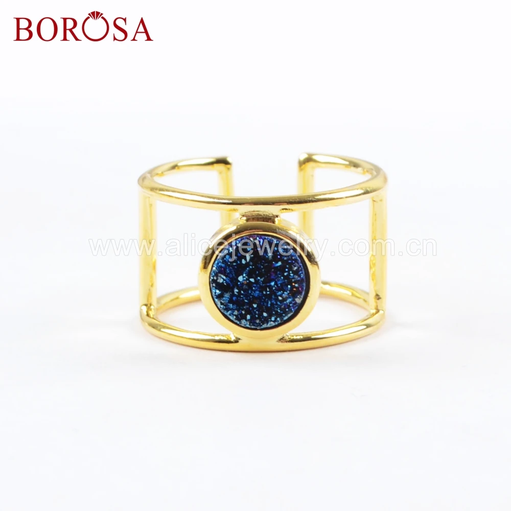 BOROSA дизайн 10 шт. золотой ободок Радужное круглое кольцо Druzy Гальваническое Цвет Натуральный Druzy ювелирные изделия Регулируемые кольца WX1041