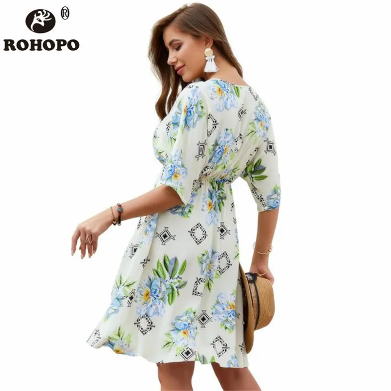 Женское платье с коротким рукавом ROHOPO Пляжное Платье До Колена v-образным вырезом