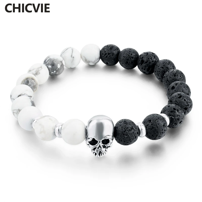 

CHICVIE 2019 Natural Stone Silver Color Skull Bracelets & Bangles For Women Lava Beads Strand Mens Jewellery Bracelets SBR160031