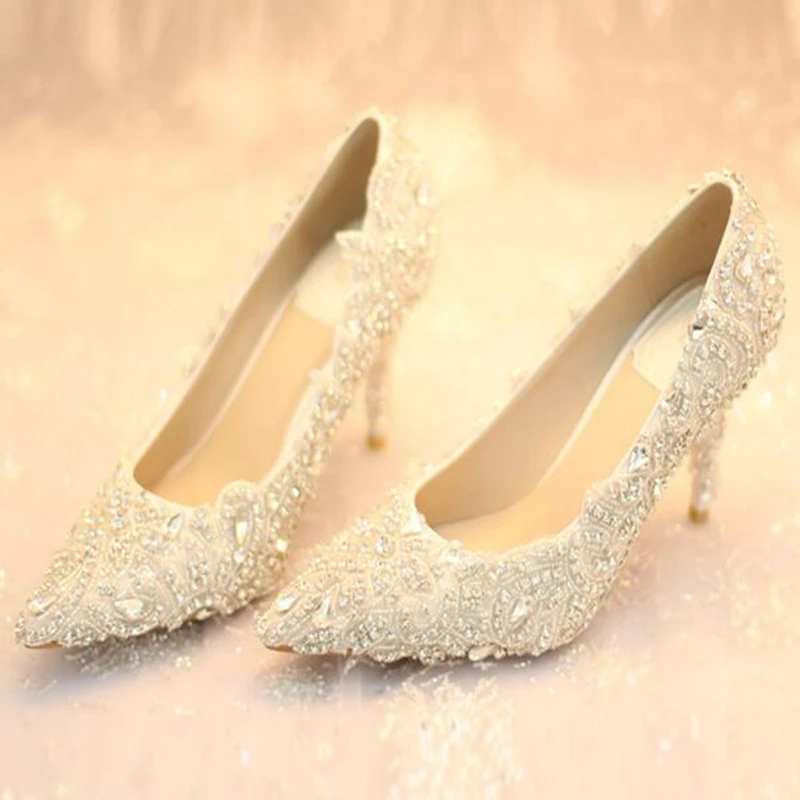 Women's Elegant Closed Toe High Heel Stiletto Sandals White Crystal Wedding Shoes For Bride 7cm 9cm | Обувь