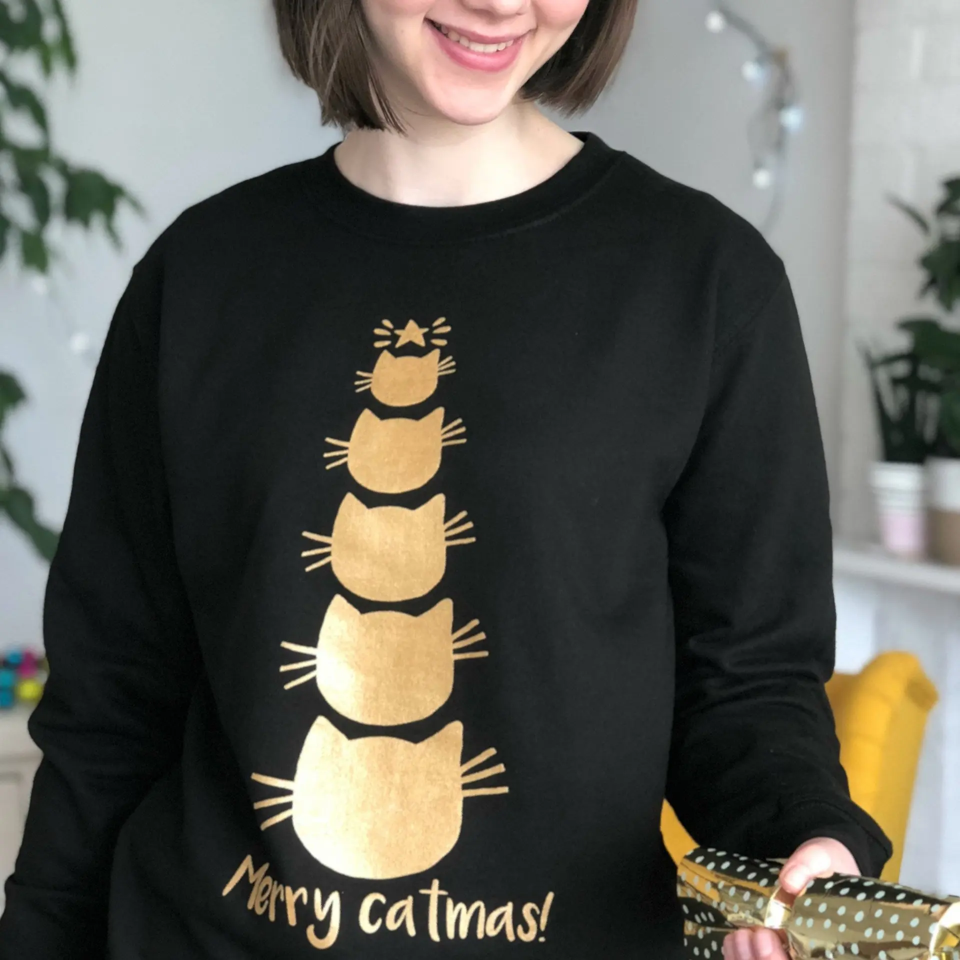 Merry Catmas Золотой котенок рождественская ель подарок тонкий бархат Harajuku свитеры для котов o-образным вырезом Повседневная Толстовка с длинными рукавами женские топы