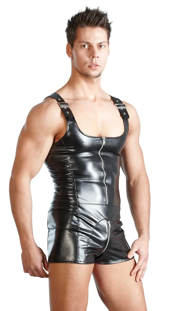 

New Arrival Autume men Sexy Club Party Dance Leotard Mens Zipper paint Leather Tank Lingerie Bodysuits Vestidos N934