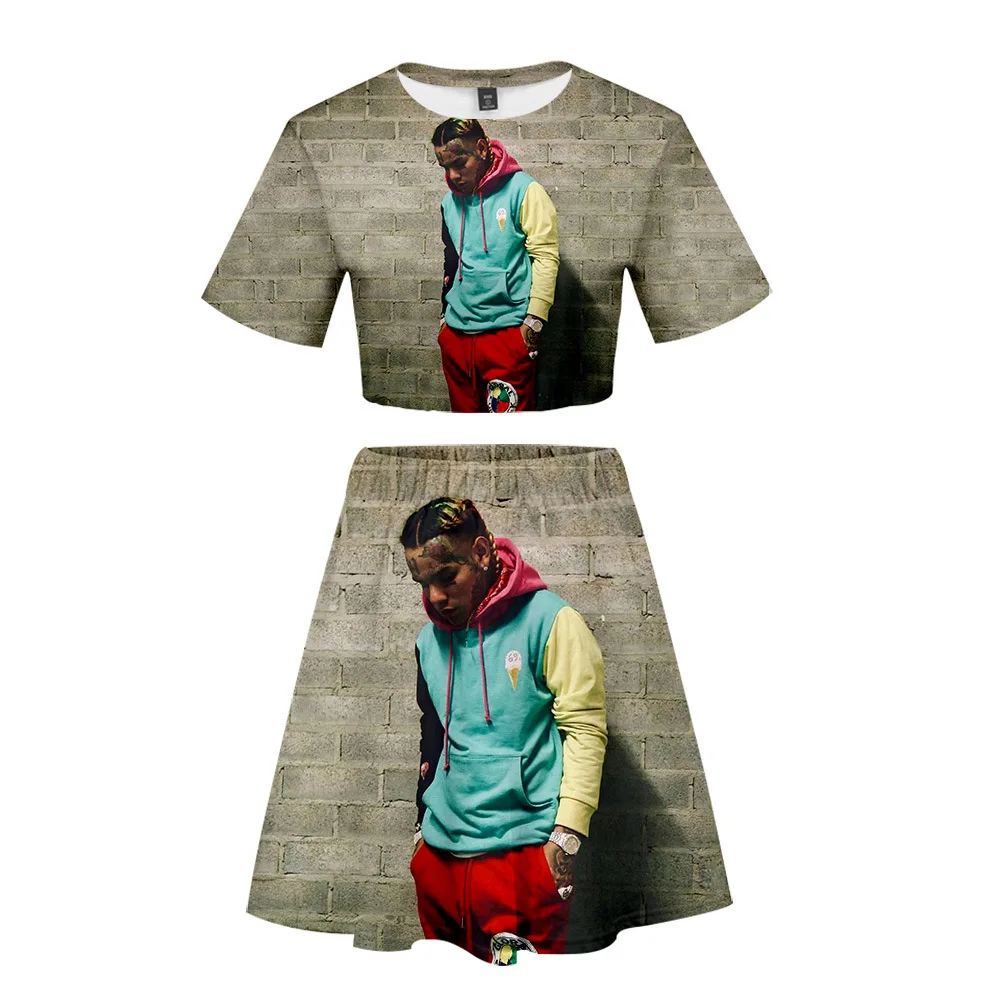 

Tekashi69 6ix9ine 69 3D Printed Sexy Women 2 Piece Set Summer Short Sleeve Crop Top and Short Skirt Two Piece Outfits Streetwear