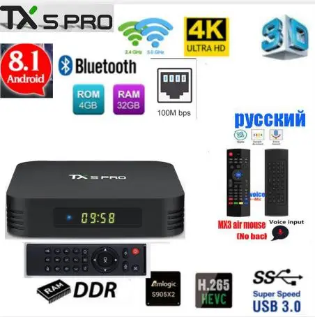 TX5 PRO MX3 VOICE TX5 max PRO DDR3, 4 Гб ОЗУ, 32 Гб ПЗУ, 2,4 ГБ, 5 ГБ, WiFi, 100 м, LAN, Bluetooth, Android 8,1, ТВ-приставка Amlogic S905X2, четырехъядерный, 4 K, смарт-бокс - Цвет: TX5 PRO MX3 VOICE