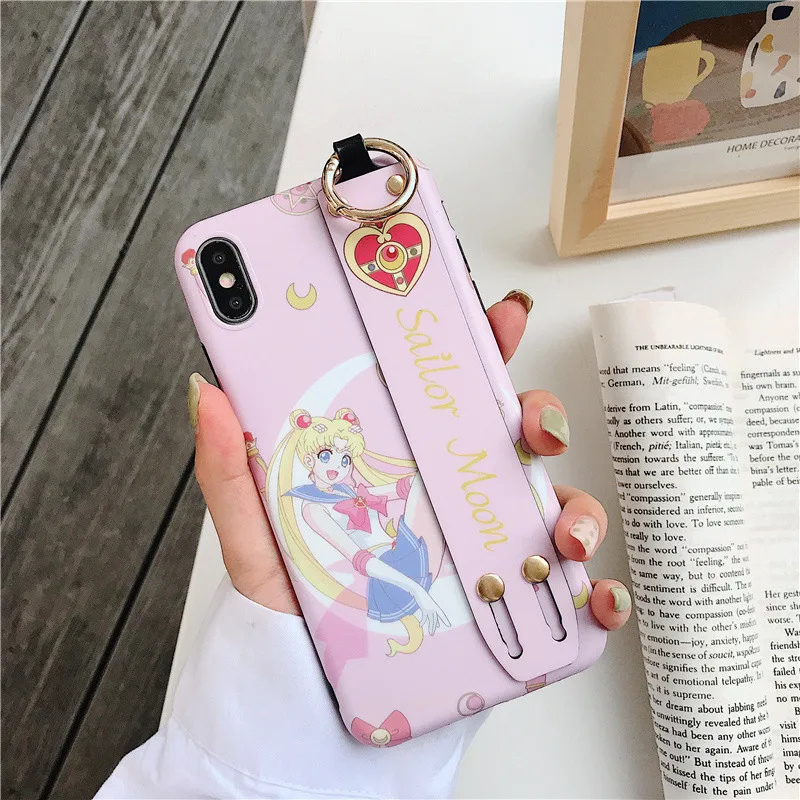 Sailor Moon Wrist Strap 6 s case phone for iphone 7 8 6s plus fundas xs max xr scrub silicon soft girls wristband holder cover |