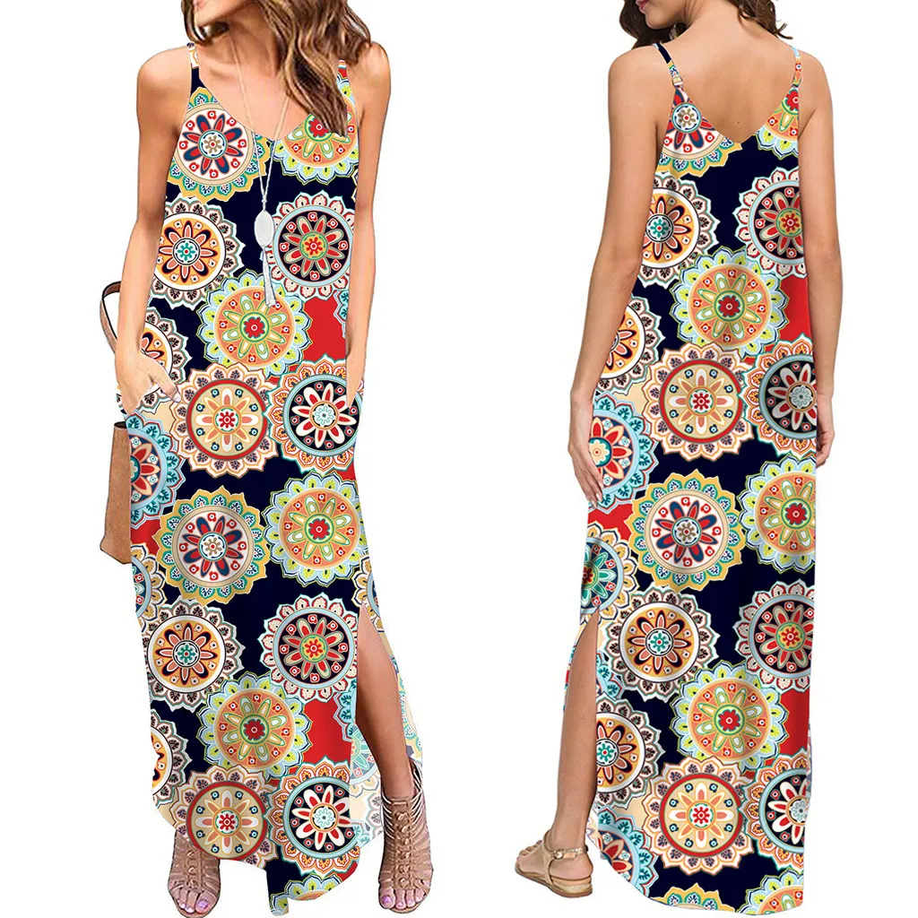 Женское платье с v образным вырезом длинное богемное на бретельках без рукавов