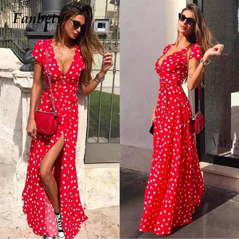 Fanbty, сексуальное богемное летнее платье с высоким разрезом, Boho, женское,, повседневное, в горошек, с принтом, макси, платья, элегантное, v-образный вырез, Пляжное платье