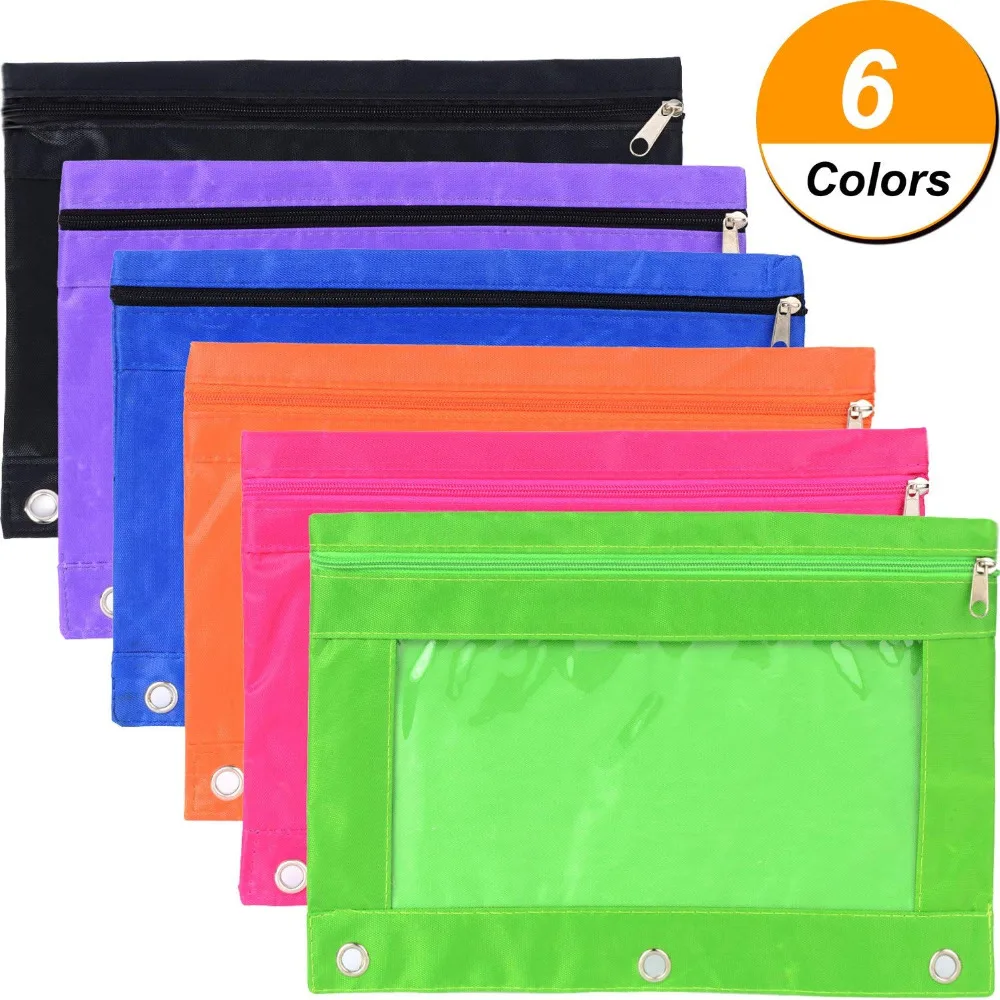 XRHYY 6 Pieces Ring Binder Pouch Pencil Bag with Holes 3-Rin