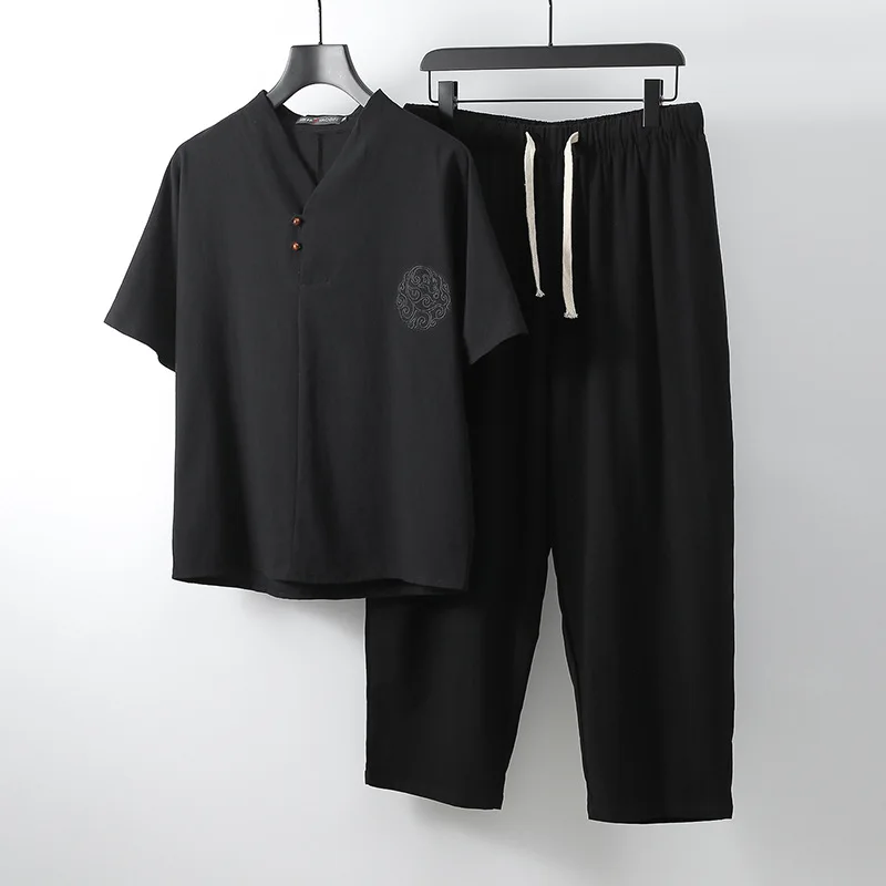 

Summer men linen Tops&Tees sets V neck Men's T Shirt Men Tshirts T-shirt plus size M-9XL casual Chinese style two-piece suits