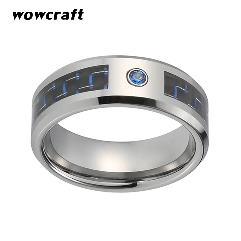 Mens Tungsten Carbide Ring Black Blue Carbon Fiber CZ Stone Setting Bevels Polished Engagement Band | Украшения и аксессуары