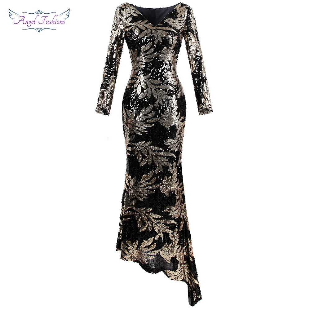 Женское вечернее платье Angel fashions Золотое Ассиметричное с длинным рукавом и