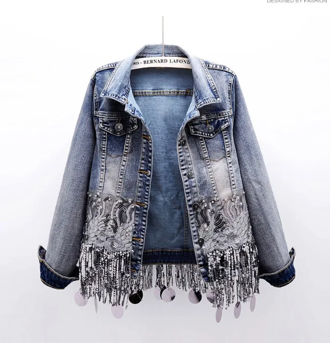 Новинка весенняя одежда 2019 Тяжелая джинсовая куртка с бахромой и блестками