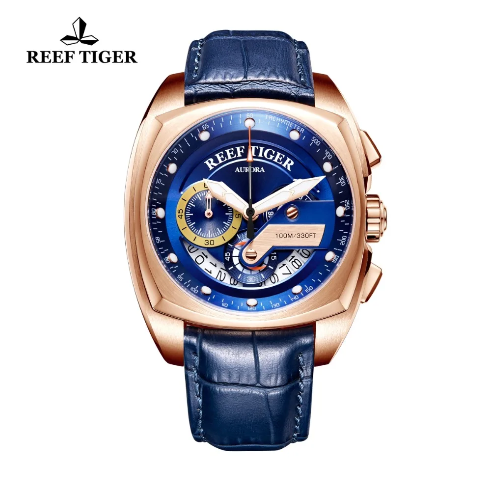 Мужские спортивные часы Reef Tiger/RT, Роскошные водонепроницаемые военные часы из розового золота с ремешком из натуральной кожи, кварцевые часы RGA3363