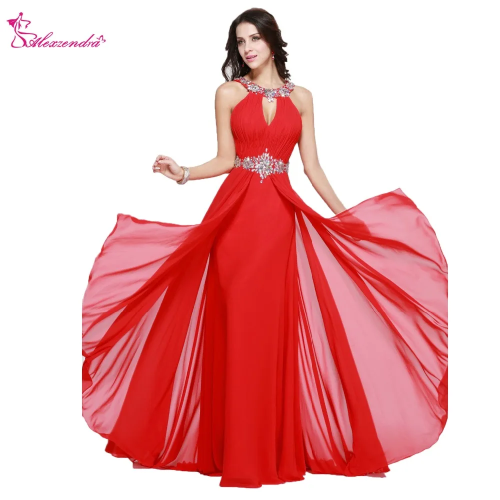

Alexzendra A Line Beaded Crystal Long Chiffon Halter Up Prom Dresses Plus Size Evening Gowns Party Dress