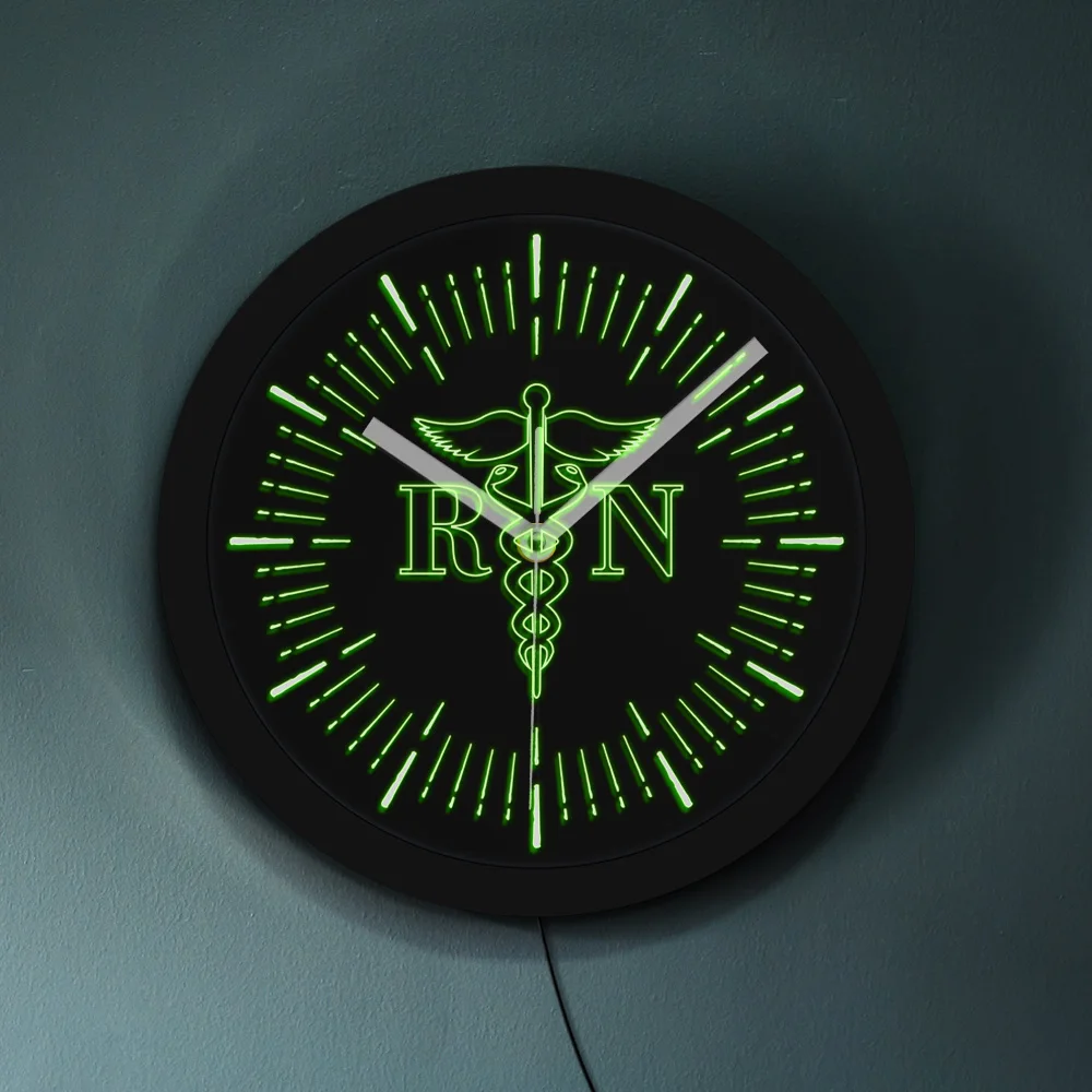 Зарегистрированные медсестры Caduceus логотип Светящиеся Настенные часы RN уход и