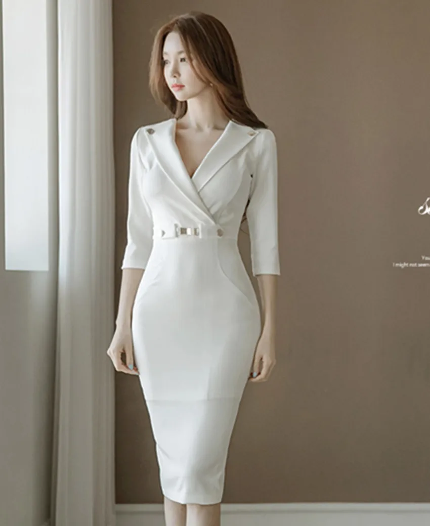 Женское офисное платье OL Белое Облегающее облегающее с v-образным вырезом и