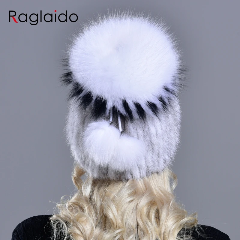 

Real Mink Fur Hats for Women winter hats knitted beanie caps Genuine Natural mink with fox fur pompom female girls hat LQ11263