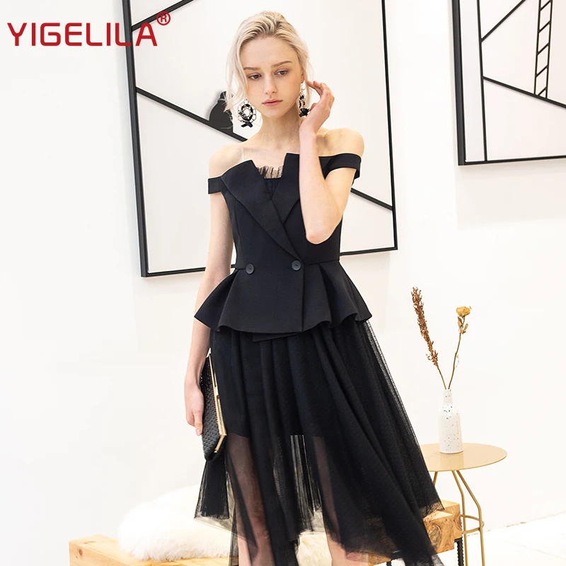 

YIGELILA Latest Spring Fashion High Street A-Line Patchwork Empire Slim Mid-Calf Regular Sleeve Strapless Elegant Dress 64431
