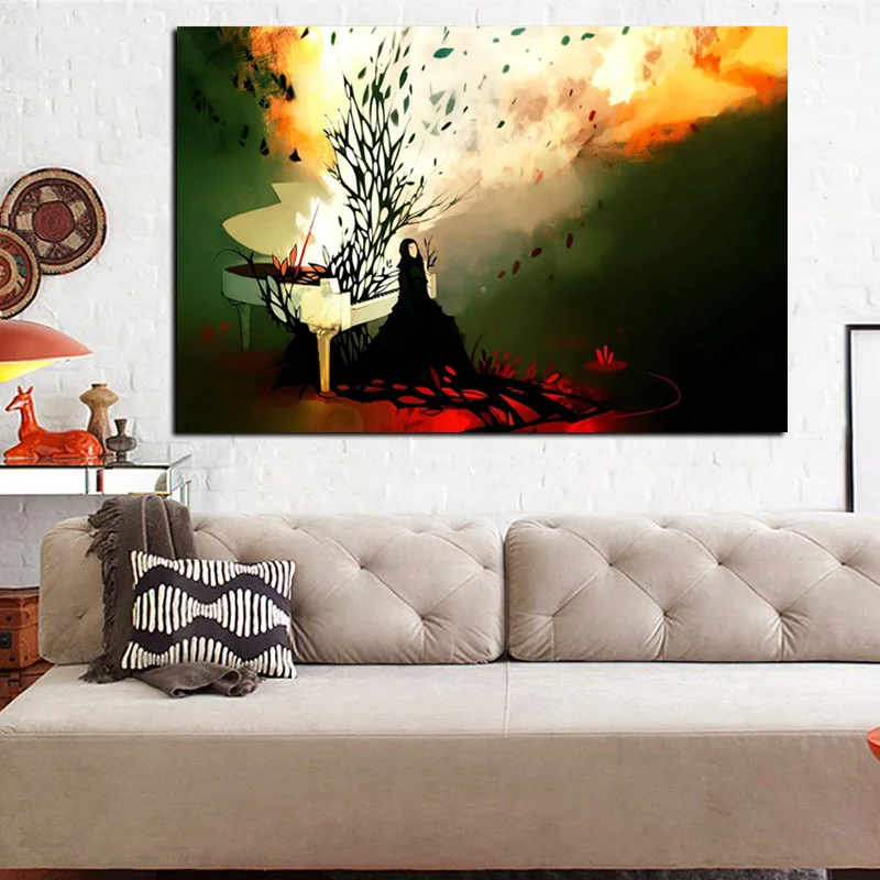 HD с абстрактным психоделическим огонь пианино женщина масленый рисунок на холсте постер поп арт Настенная