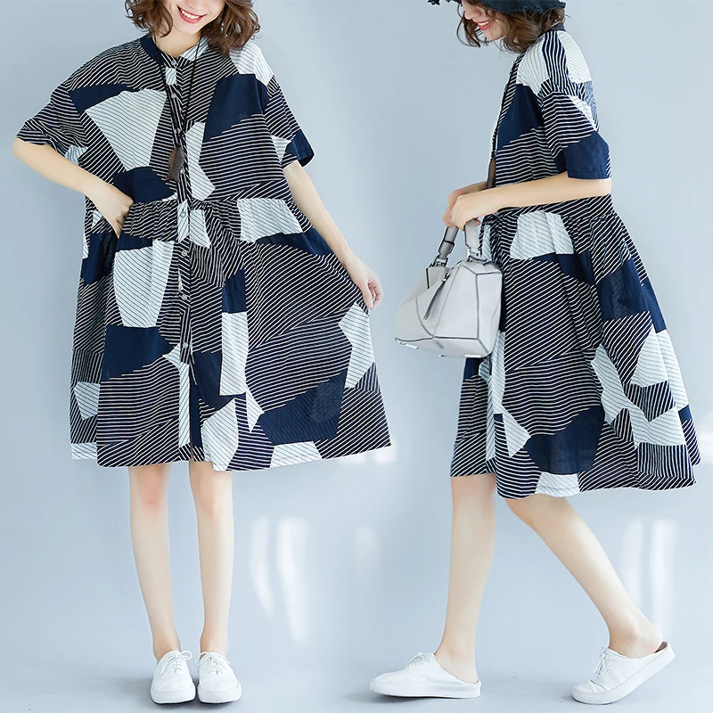 

Women's New Polyester Loose Casual Knee Length Stand Neck Short Sleeves Female Women's Dress