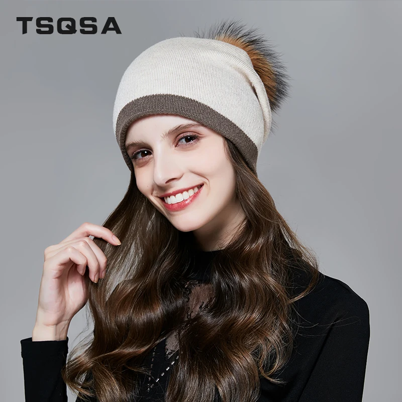TSQSA Женская Зимняя Шапка Шерстяная Вязаная Шапка Помпон Меховые Шапки Натуральная Меховая Шапка Skullies Женские Шапки TAH1801