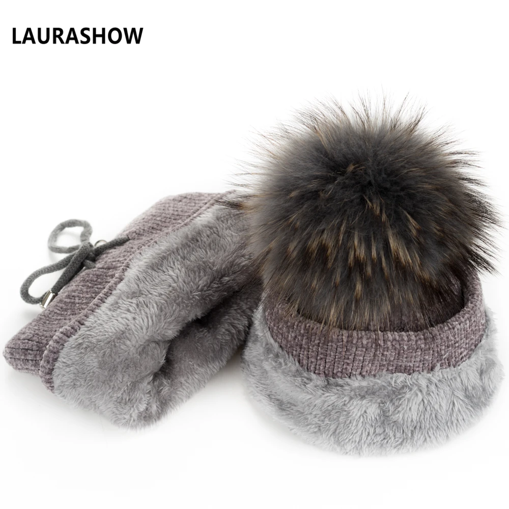 Lavashow 1 комплект для взрослых зимняя шапка с шарфом 15-16 см мяч из натурального меха енота помпоны шапка вязаная шапка Skullies женские шапочки