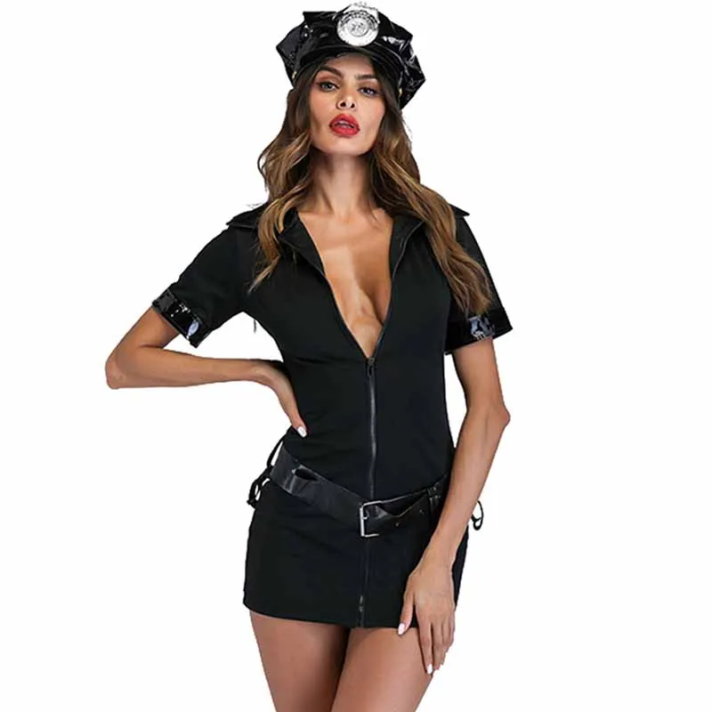 ПВХ кожаный воротник Cop Костюм Adultes Хэллоуин полиция мини Нарядное вечернее