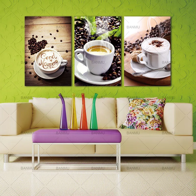 3 панели холст фото печать современных Кухня сцены кофе Wall Art Картина Холст