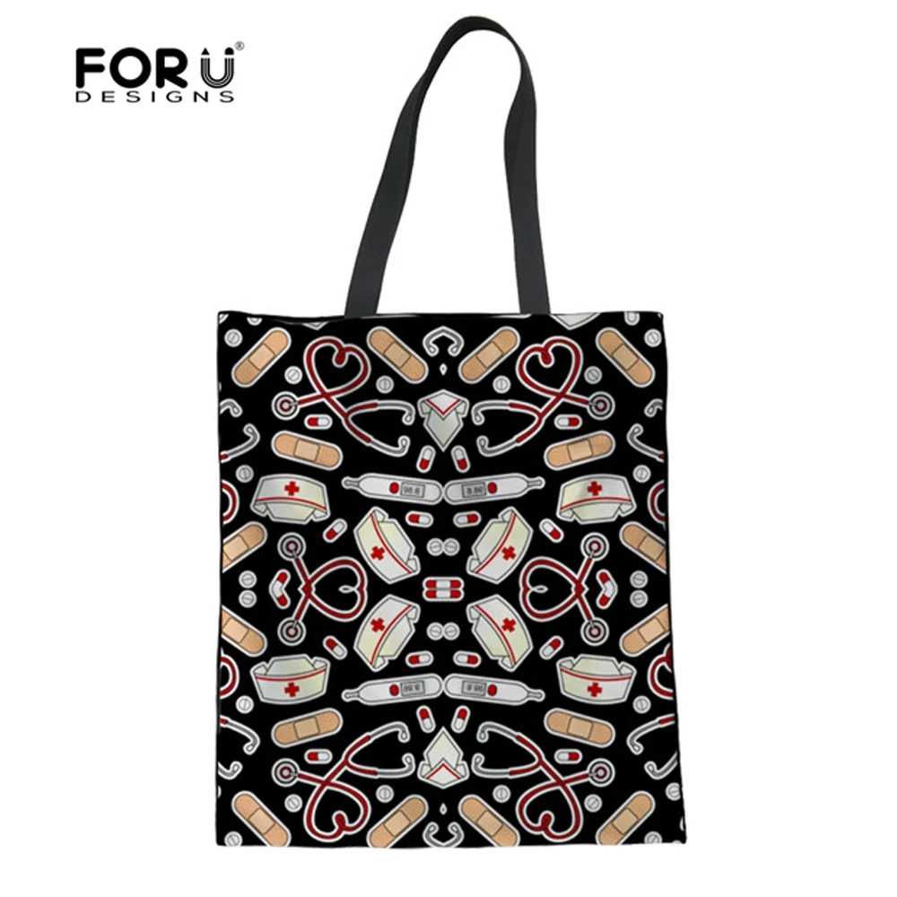 

Экологически чистые сумки для покупок FORUDESIGNS, женские черные холщовые многоразовые сумки-тоуты для медсестер, женские сумки, складные сумки...
