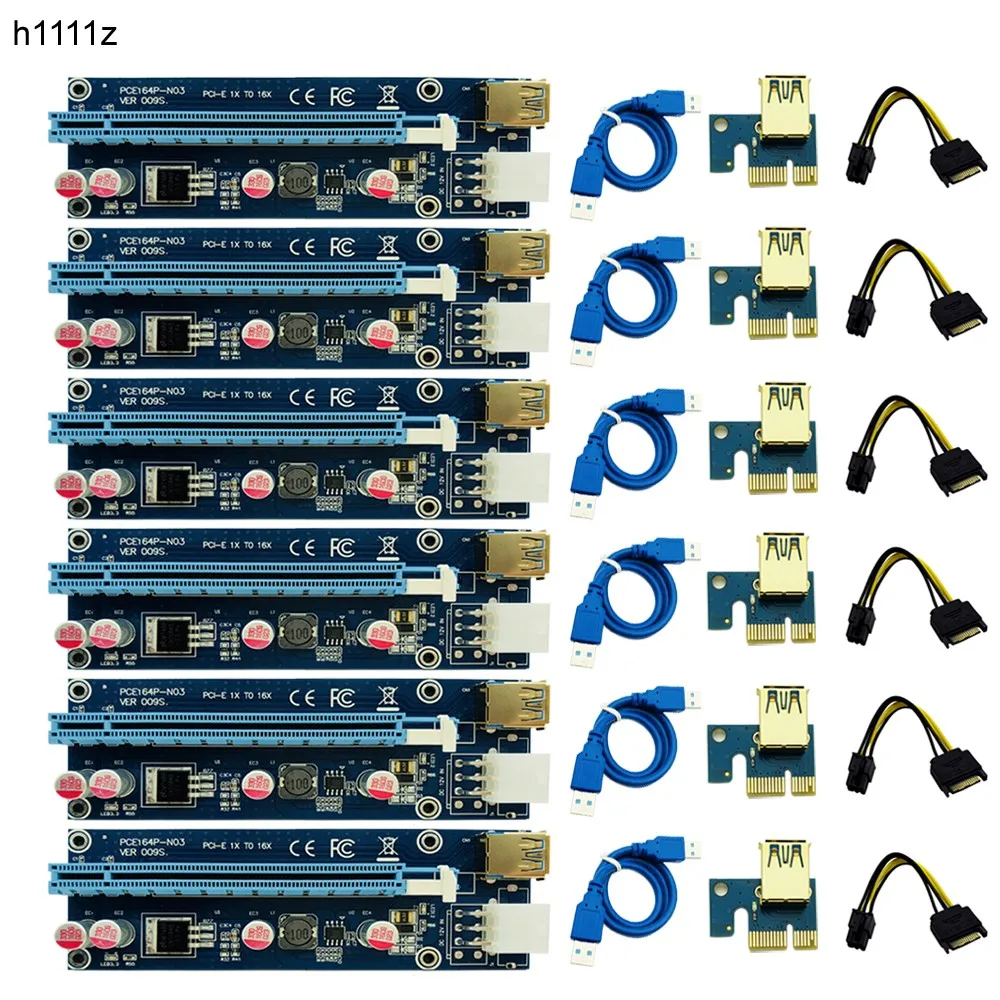 6 шт. 009S Riser 3 LED Золотой USB 0 PCI Express 1X 4x 8x 16x Card SATA до 6pin кабель питания для BTC Miner Antminer