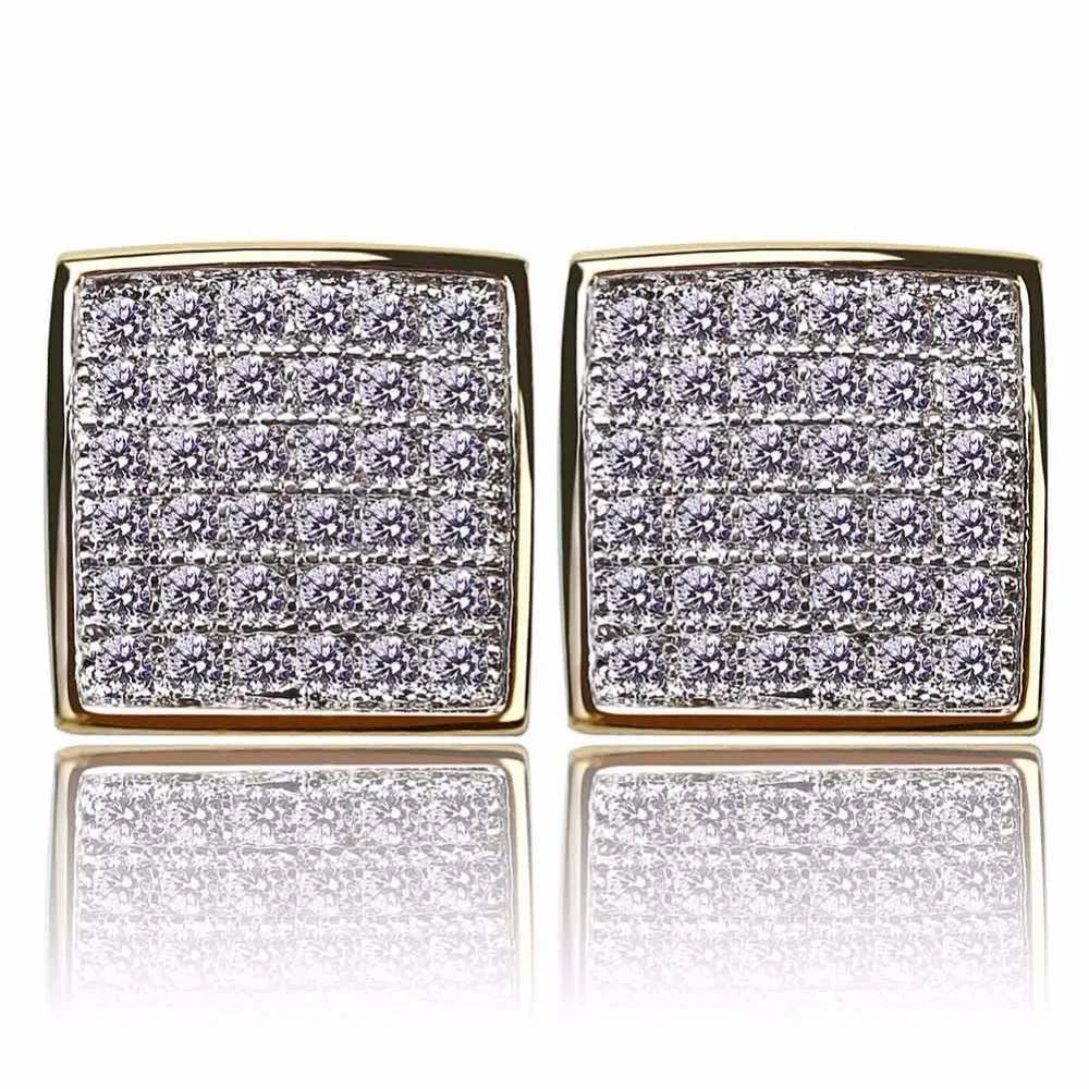 Mens Hip Hop Stud Earring AAA+ CZ Zircon Ice Out Bling Gold Color Copper Geometric Square Earrings Men Hiphop Rapper Jewelry | Украшения и