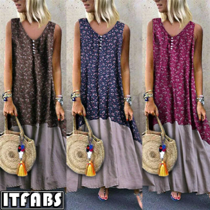 Женское длинное летнее платье большого размера повседневное женское без рукавов