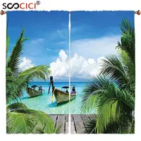 Window Curtains Treatments 2 Panels,Tropical Decor Collection Beach and Tropical Sea Wooden Deck Floating Boats Sunshine