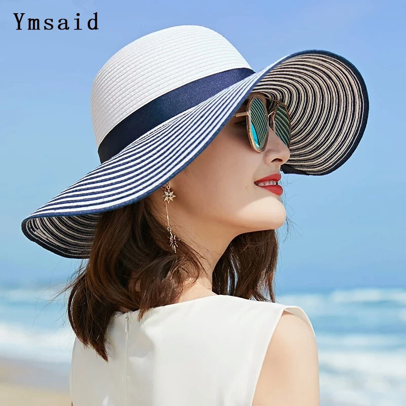 

New Fashion Hepburn Wind Black White Striped Bowknot Summer Sun Hat Pretty Women Straw Beach Hat Large Brimmed Cap